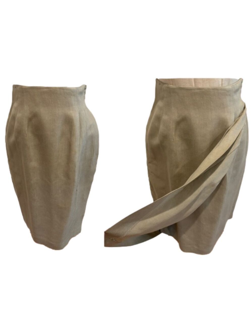 80s LINEN TAN HIGH WAISTED FORM FITTING MOCK WRAP SKIRT KNEE LENGTH MINIMALIST 4